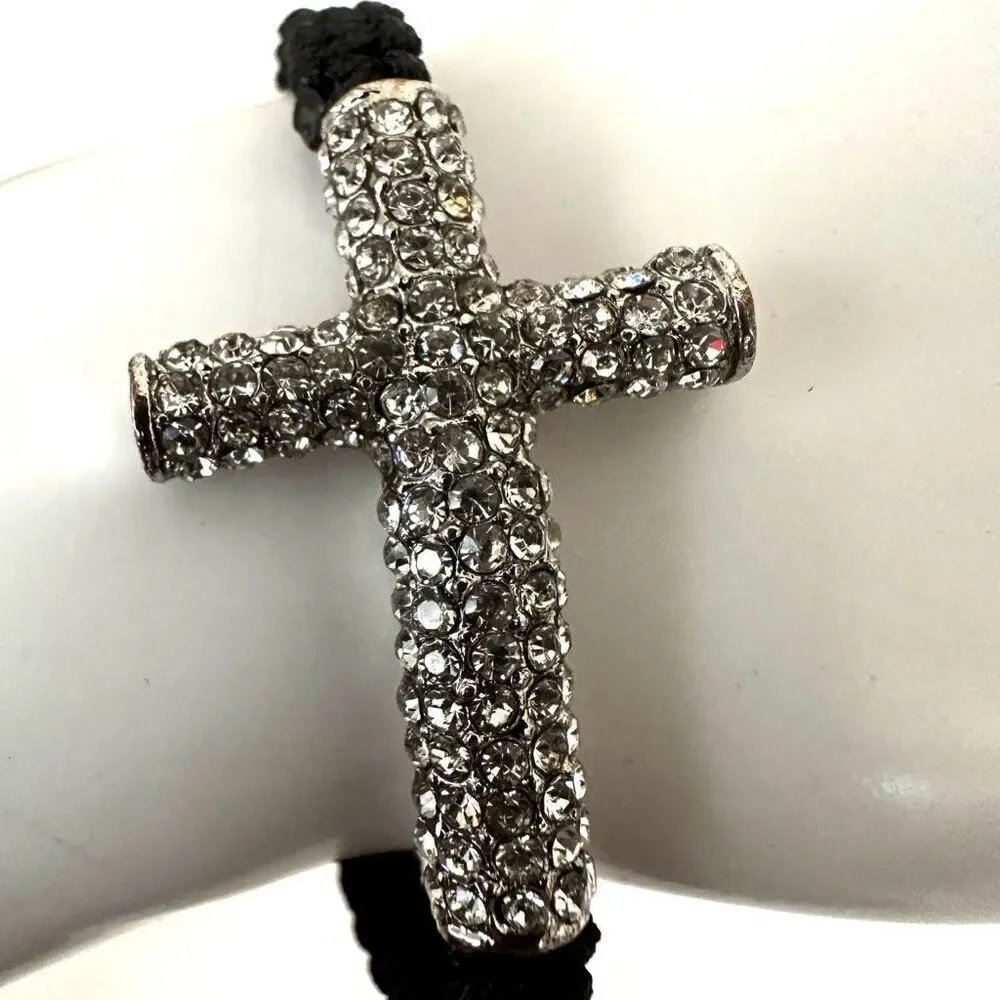 Rhinestone cross black cord adjustable bracelet